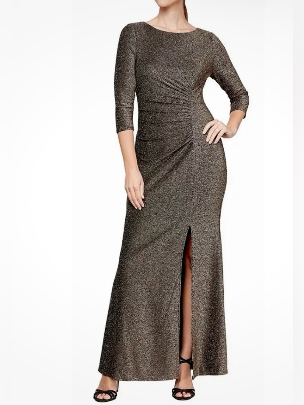 S.L. Fashions Metallic Knit Gown – Size 4 | Ruched Side Slit Evening Dress